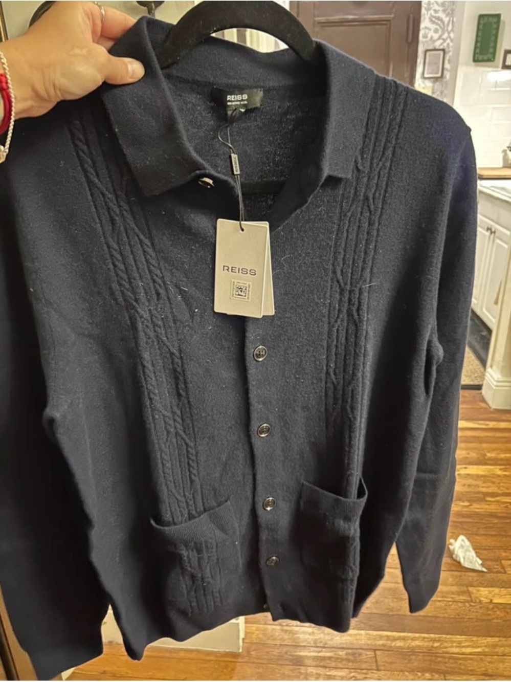 Reiss Men's Dark Navy Button-Up Cardigan, Merino Wool, New w Tags